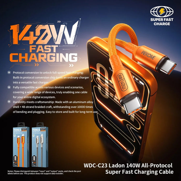 WEKOME WDC-C23 Ladon 140W All Protocol Super Fast Charging Cable Type-C to Type-C 1.2M Data Cable - Orange - 2