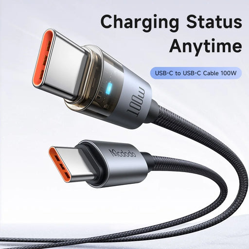 MCDODO CA-558 1.2m 100W Fast Charging Wire USB-C to USB-C Nylon Braided Data Cable with LED Indicator - Black - 2