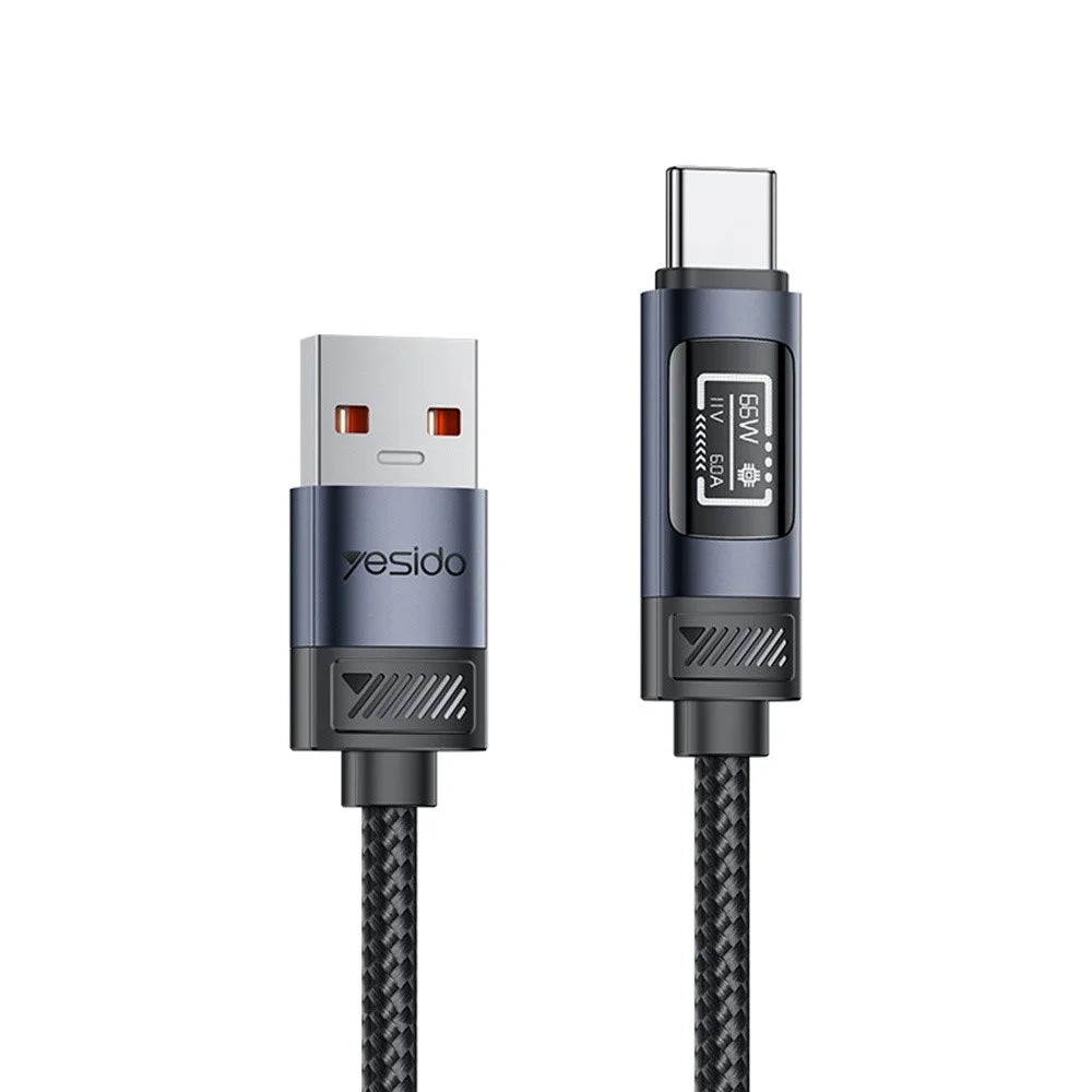 YESIDO CA138C 120cm OLED Digital Display USB-A to USB-C 66W Fast Charging Nylon Braided Data Cable - 1