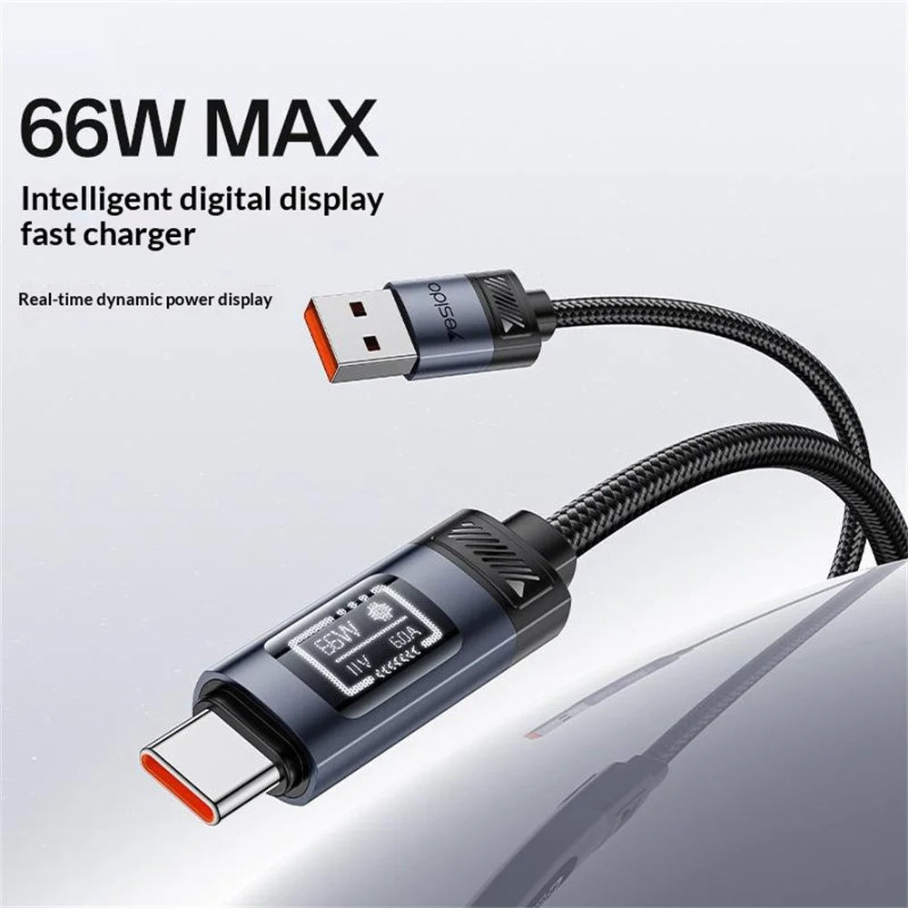 YESIDO CA138C 120cm OLED Digital Display USB-A to USB-C 66W Fast Charging Nylon Braided Data Cable - 2