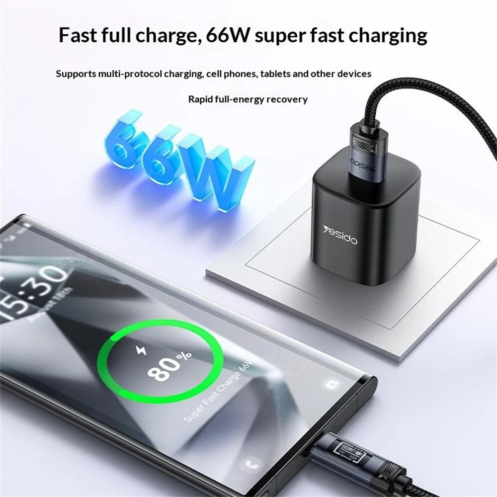YESIDO CA138C 120cm OLED Digital Display USB-A to USB-C 66W Fast Charging Nylon Braided Data Cable - 3
