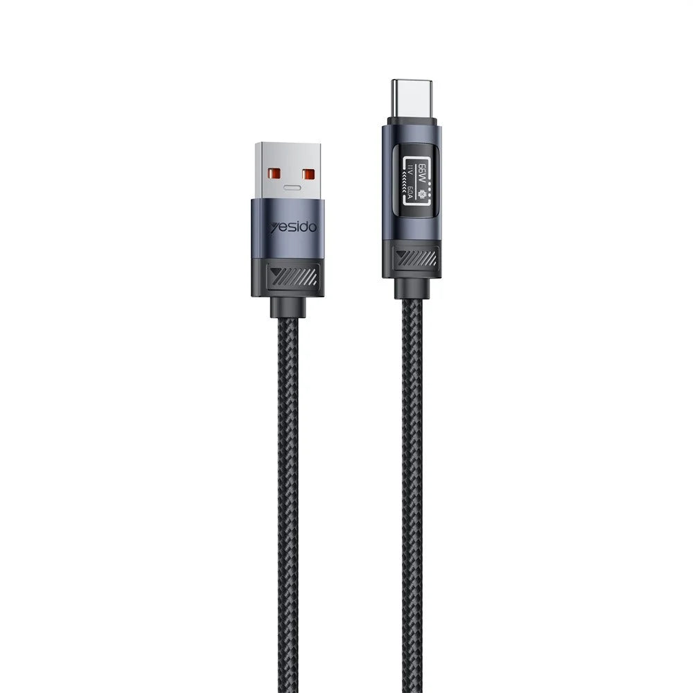 YESIDO CA138C 120cm OLED Digital Display USB-A to USB-C 66W Fast Charging Nylon Braided Data Cable - 6