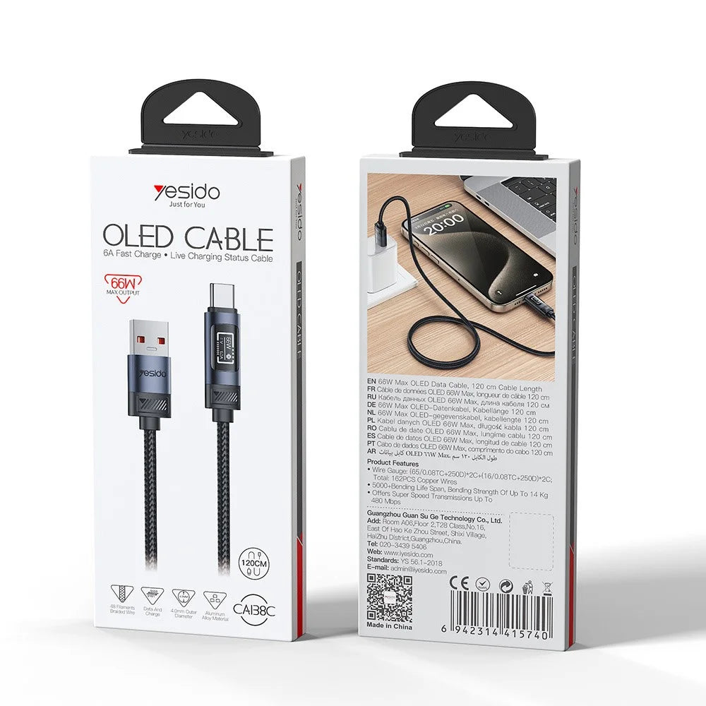 YESIDO CA138C 120cm OLED Digital Display USB-A to USB-C 66W Fast Charging Nylon Braided Data Cable - 7