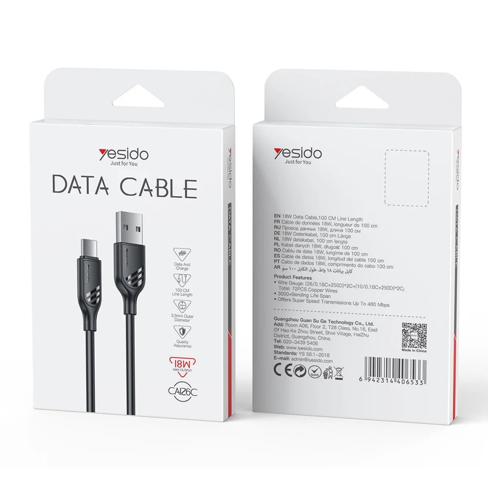 YESIDO CA126C 1m USB-A to USB-C Cable 18W Fast Charging Data Sync Cord for Samsung / Xiaomi / Huawei - Black - 7