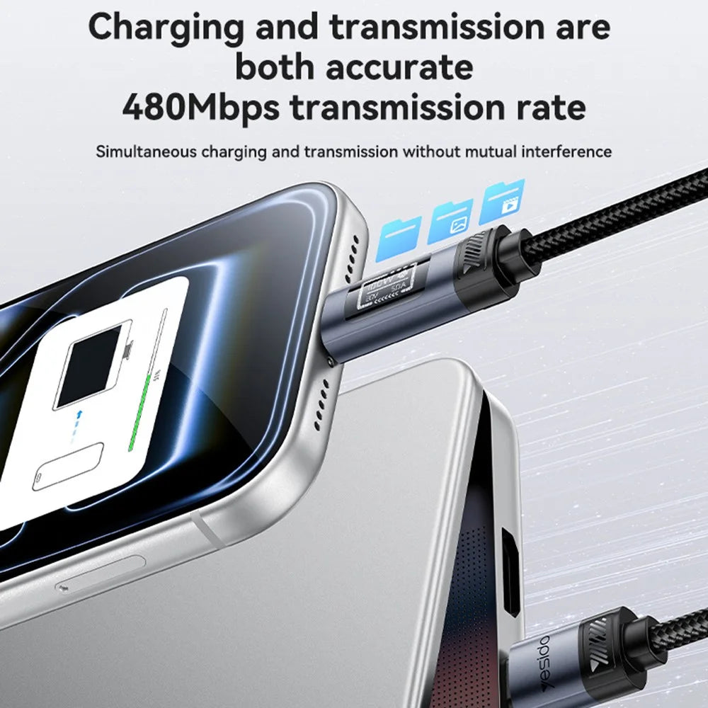 YESIDO CA202 120cm USB-C to USB-C Data Cable PD 100W Fast Charging Cord with OLED Digital Display - 3