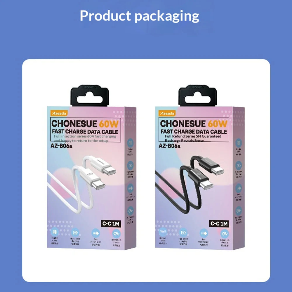 AZEADA AZ-B06a 1m USB-C to USB-C Data Cable 60W Fast Charging Wire for Samsung / Xiaomi / Google - White - 7