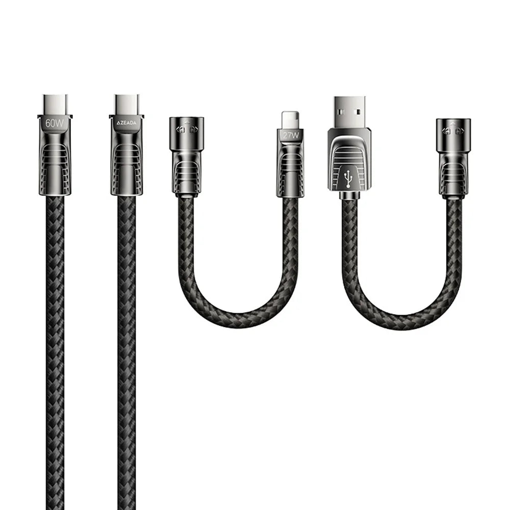 AZEADA AZ-B11th 1.5m 4 in 1 USB-C / USB-A to USB-C / iP 60W Fast Charging Braided Data Cable - Black - 1