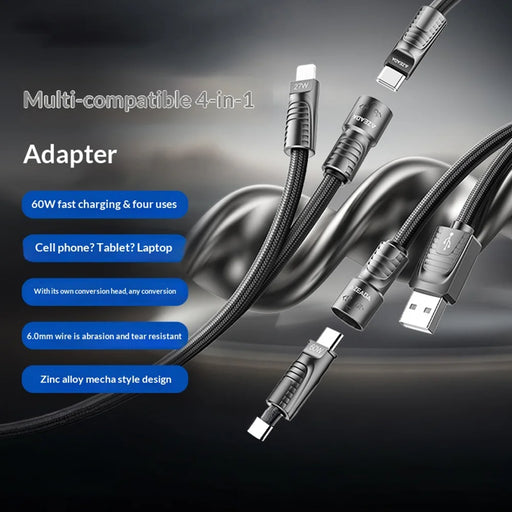 AZEADA AZ-B11th 1.5m 4 in 1 USB-C / USB-A to USB-C / iP 60W Fast Charging Braided Data Cable - Black - 2