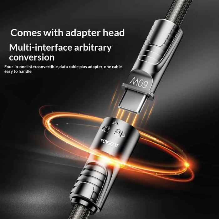AZEADA AZ-B11th 1.5m 4 in 1 USB-C / USB-A to USB-C / iP 60W Fast Charging Braided Data Cable - Black - 3