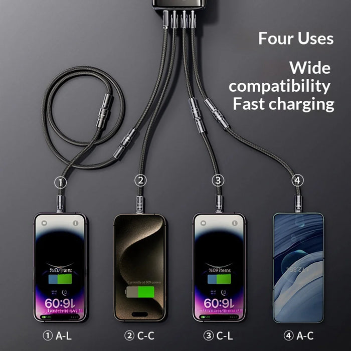 AZEADA AZ-B11th 1.5m 4 in 1 USB-C / USB-A to USB-C / iP 60W Fast Charging Braided Data Cable - Black - 4