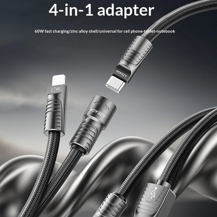 AZEADA AZ-B11th 1.5m 4 in 1 USB-C / USB-A to USB-C / iP 60W Fast Charging Braided Data Cable - Black - 5