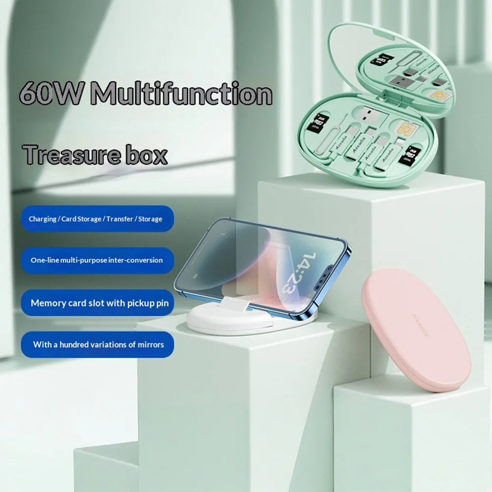 AZEADA AZ-B01th Multi-function Digital Storage Box 60W Fast Charging USB-C Data Cable with 3 Adapters and Mirror - Green - 2