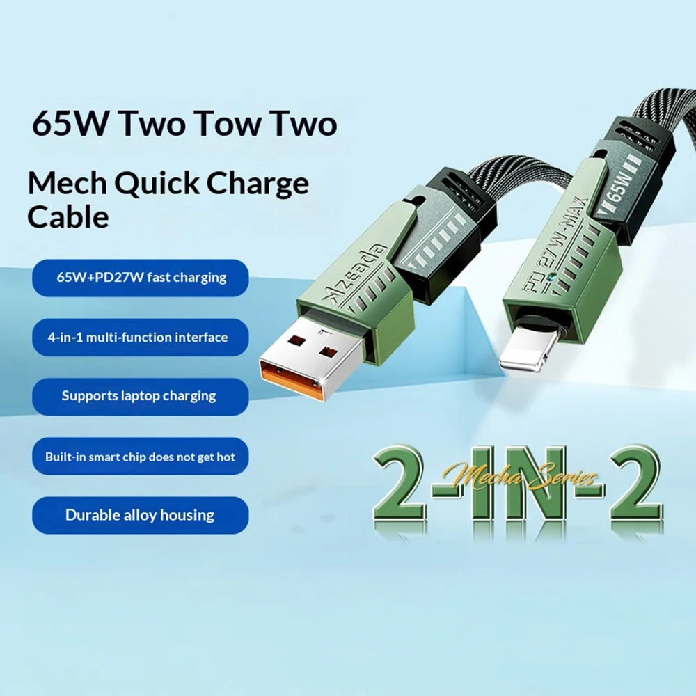 AZEADA AZ-B10th Mecha Series 1.5m PD 60W Fast Charging USB-A/USB-C to USB-C/iP Braided Data Cable - Green - 2