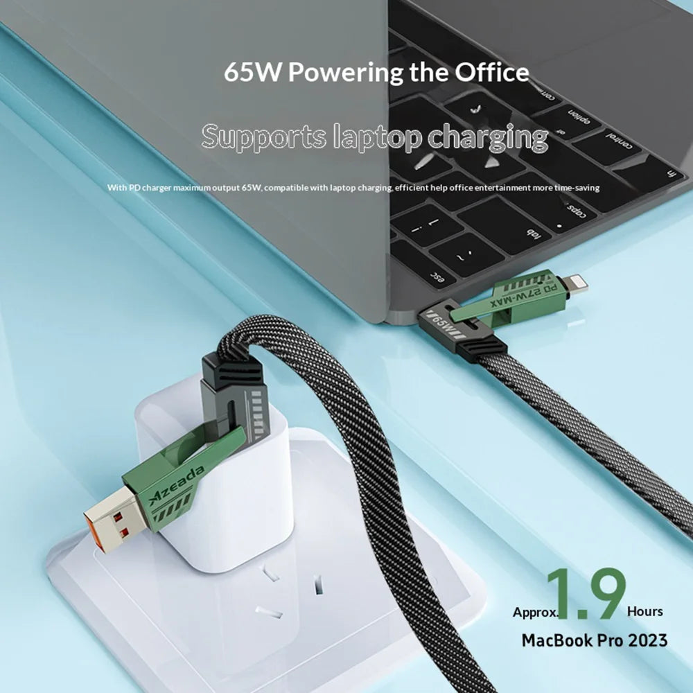 AZEADA AZ-B10th Mecha Series 1.5m PD 60W Fast Charging USB-A/USB-C to USB-C/iP Braided Data Cable - Green - 3