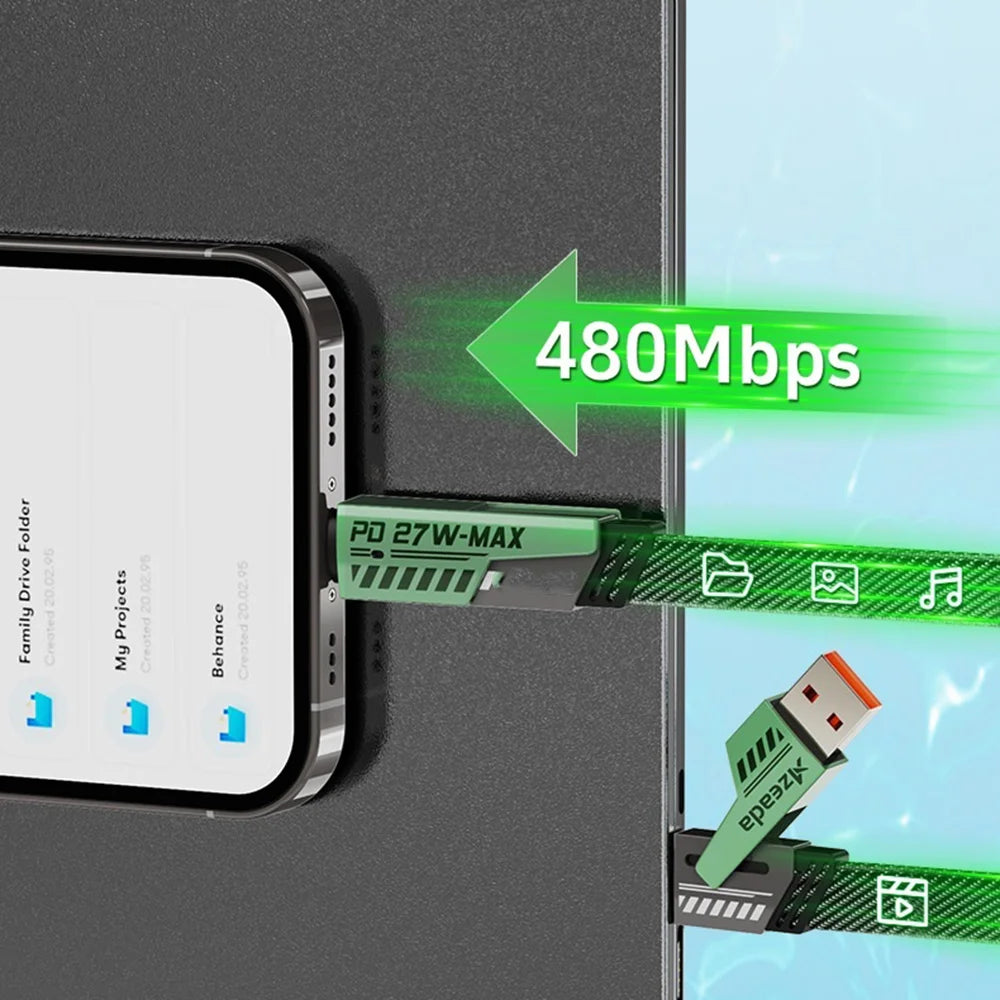 AZEADA AZ-B10th Mecha Series 1.5m PD 60W Fast Charging USB-A/USB-C to USB-C/iP Braided Data Cable - Green - 6