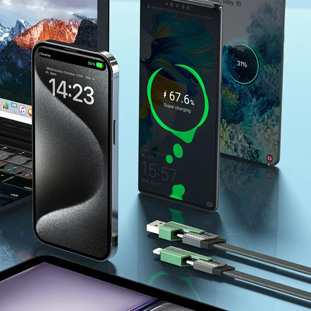 AZEADA AZ-B10th Mecha Series 1.5m PD 60W Fast Charging USB-A/USB-C to USB-C/iP Braided Data Cable - Green - 7