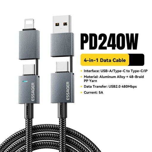 ESSAGER 1m 4 in 1 USB-A  /  Type-C to Type-C  /  iP Braided Data Cord PD 240W Fast Charging Cable - Grey - 2