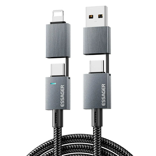 ESSAGER 2m 4 in 1 USB-A  /  Type-C to Type-C  /  iP Braided Data Cord PD 240W Fast Charging Cable - Grey - 1