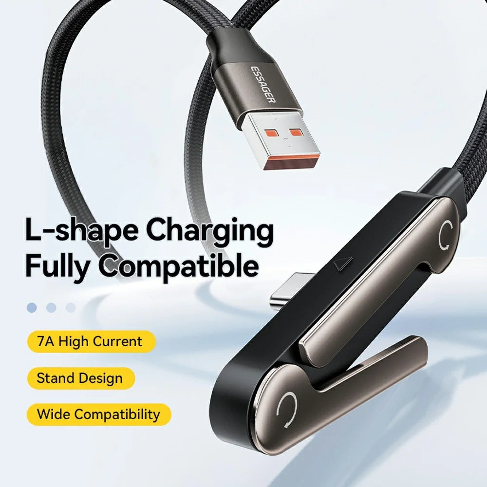 ESSAGER 1m 7A Fast Charging USB-A to Type-C L-Shape Cable with Stand for Gaming Charging - Grey - 3