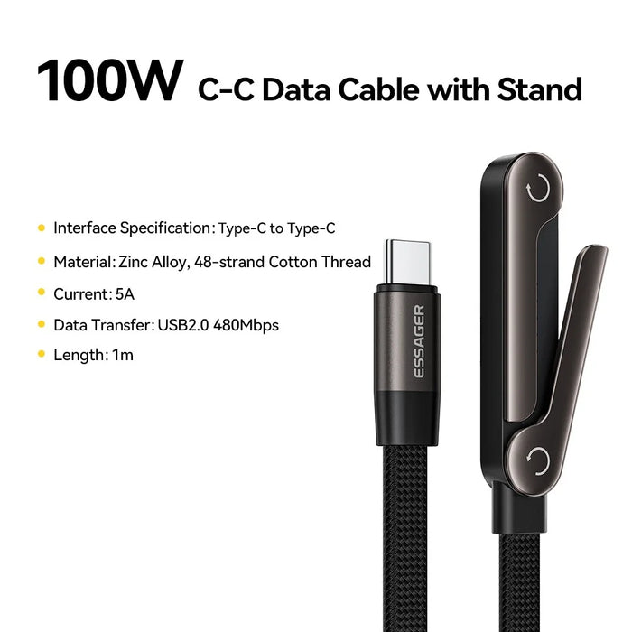 ESSAGER 1m USB-C to USB-C L-Shape 100W Fast Charging Cable with Stand for Gaming Charging - Tarnish - 3