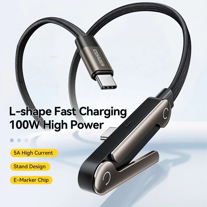 ESSAGER 1m USB-C to USB-C L-Shape 100W Fast Charging Cable with Stand for Gaming Charging - Tarnish - 5