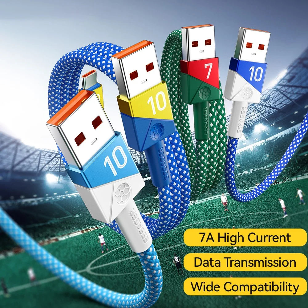 ESSAGER 2m Football Theme 7A Fast Charging Cable USB-A to USB-C Data Cord for Huawei Samsung Xiaomi - Sapphire - 5