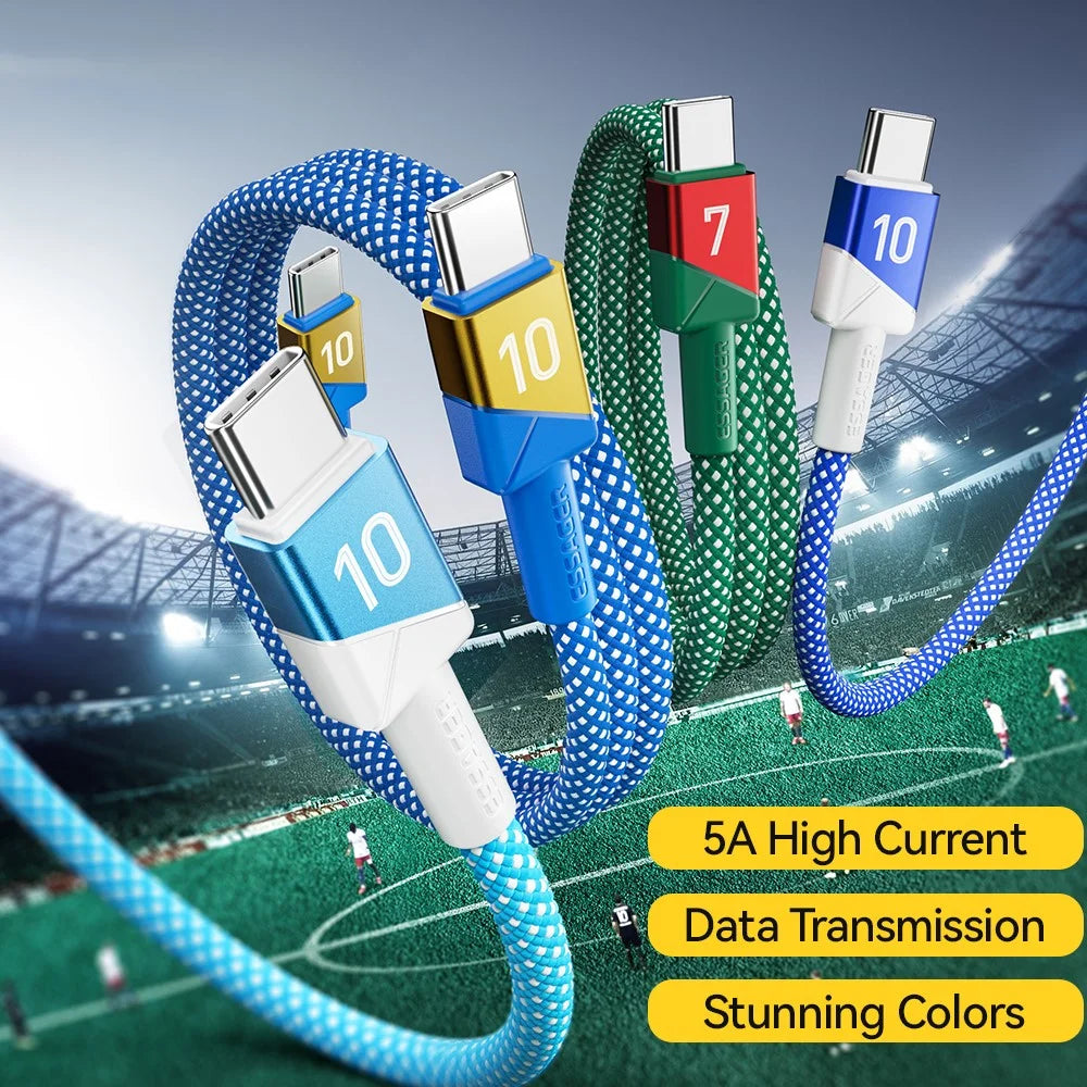 ESSAGER 2m Football Theme USB-C to USB-C 100W Fast Charging Data Cable for Huawei Samsung Xiaomi - Sapphire - 5