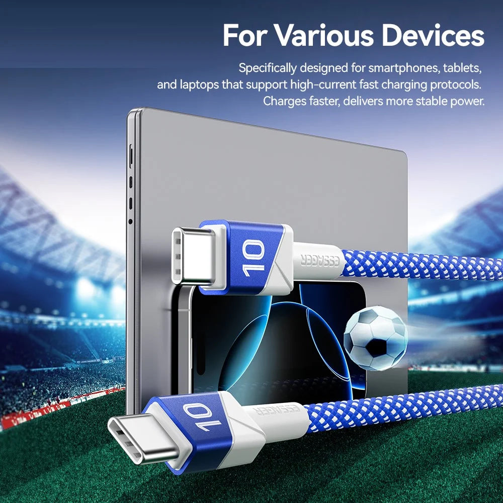 ESSAGER 2m Football Theme USB-C to USB-C 100W Fast Charging Data Cable for Huawei Samsung Xiaomi - Sapphire - 6