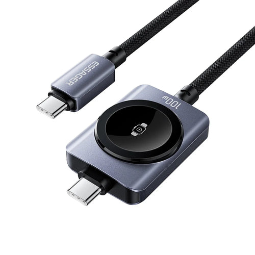 ESSAGER 2 in 1 100W Fast Charging Type-C to Type-C + Magnetic Wireless Charger for Apple Watch with 1m Cable - Grey - 1