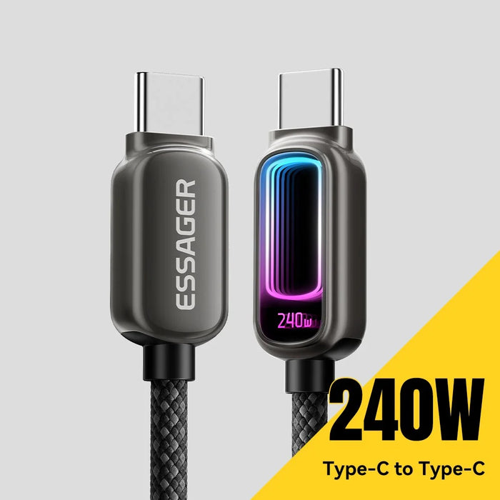 ESSAGER 1m 240W Fast Charging USB-C to USB-C 480Mbps Data Cable with Dynamic RGB Breathing Light - Tarnish - 3