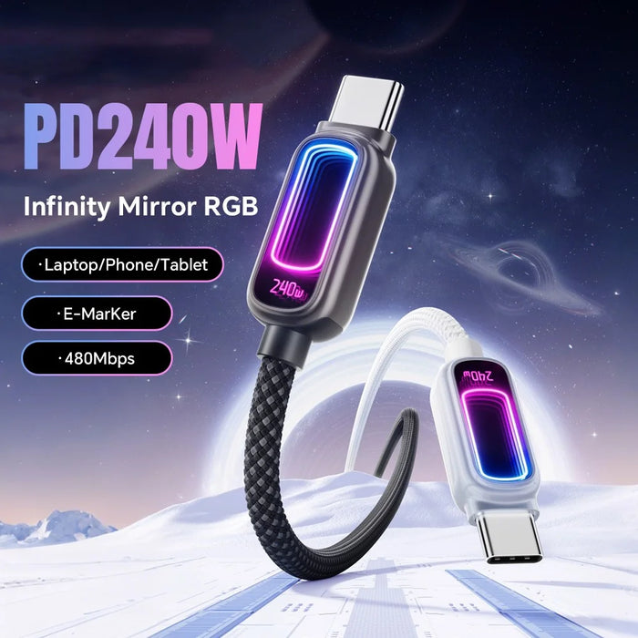 ESSAGER 1m 240W Fast Charging USB-C to USB-C 480Mbps Data Cable with Dynamic RGB Breathing Light - Tarnish - 4