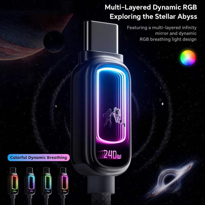 ESSAGER 1m 240W Fast Charging USB-C to USB-C 480Mbps Data Cable with Dynamic RGB Breathing Light - Tarnish - 5
