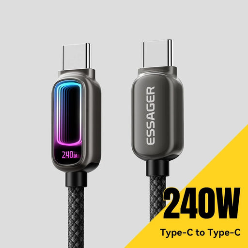 ESSAGER 2m 240W Fast Charging USB-C to USB-C 480Mbps Data Cable with Dynamic RGB Breathing Light - Tarnish - 2
