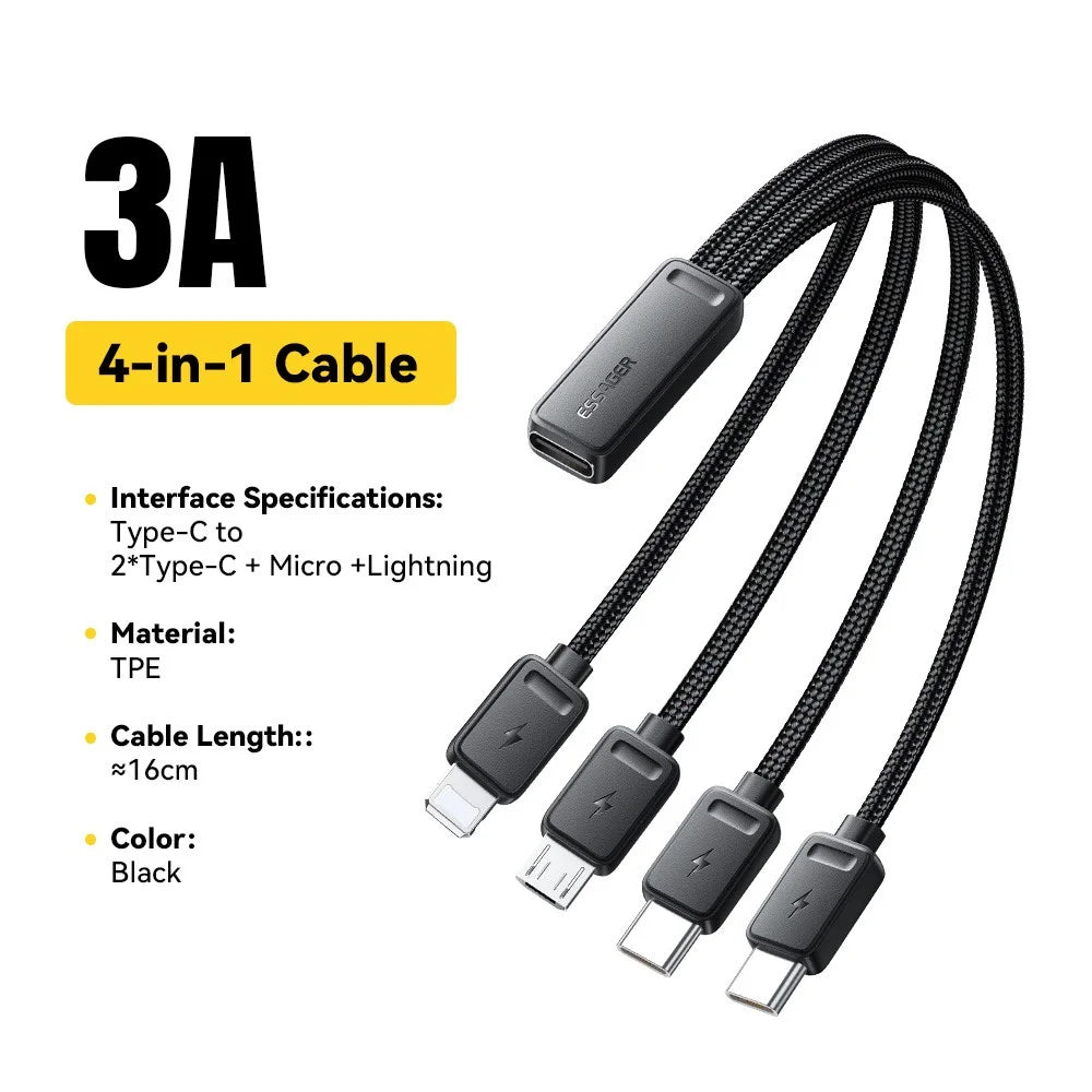 ESSAGER 4 in 1 Cable Type-C to 2 Type-C Micro iP (5-14) 3A Fast Charging Cable 16cm - 2
