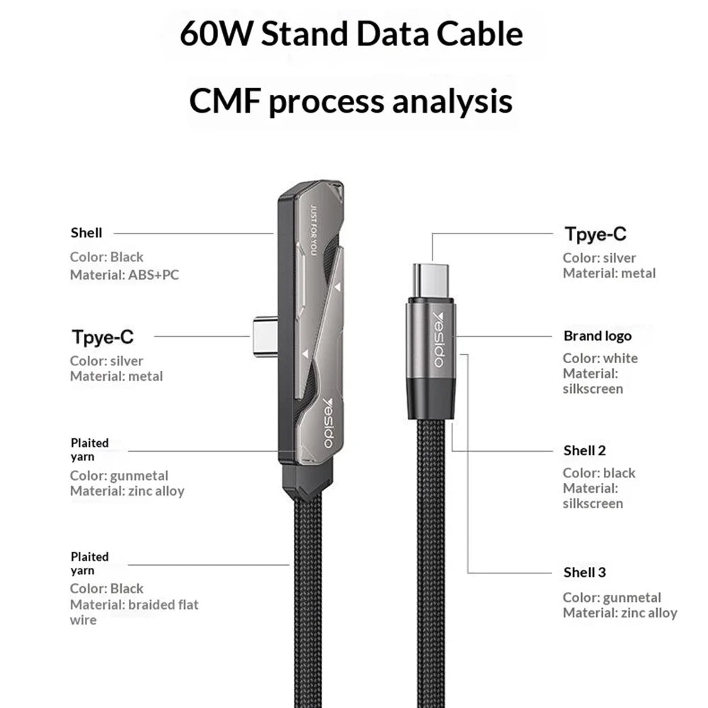 YESIDO CA207 1.2m USB-C to USB-C 90 Degree Elbow Cable 60W Fast Charging Data Cable with Stand - Tarnish+Black - 6