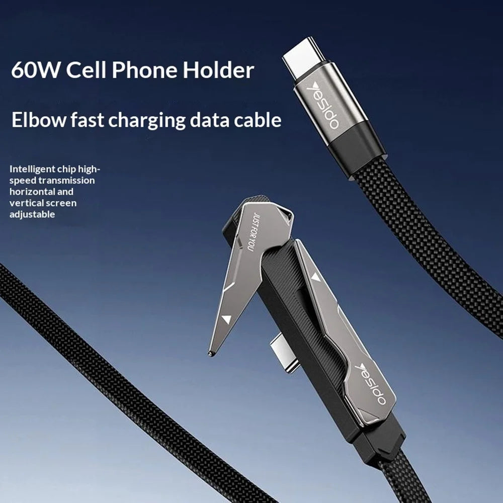 YESIDO CA207 1.2m USB-C to USB-C 90 Degree Elbow Cable 60W Fast Charging Data Cable with Stand - Tarnish+Black - 7