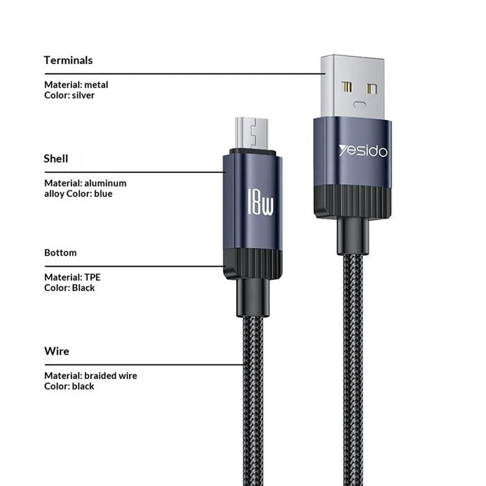 YESIDO CA204M 1m USB A to Micro USB Cable 18W Fast Charging Braided Data Cable for Samsung / Xiaomi / Motorola - Tarnish Grey - 5