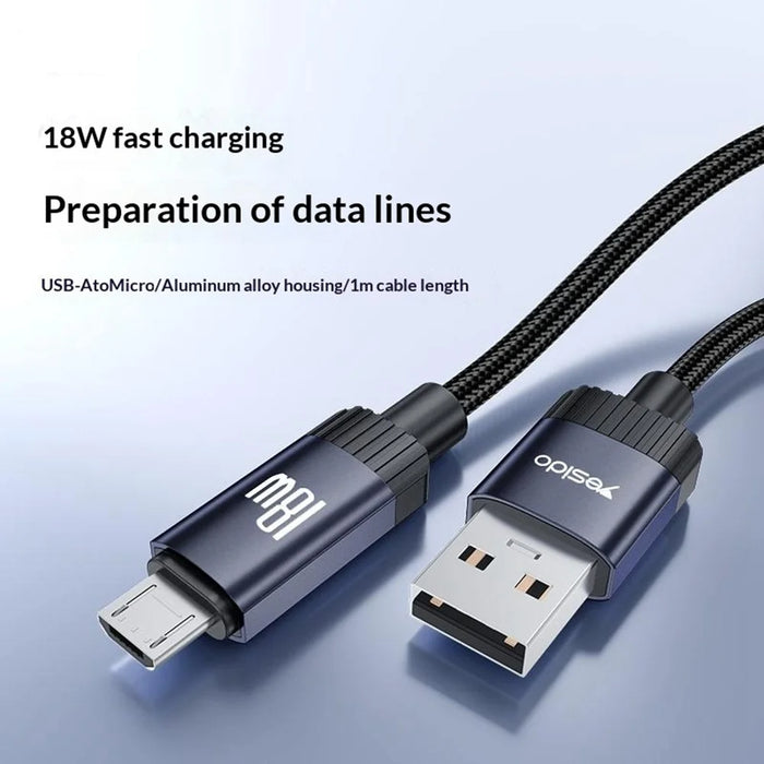 YESIDO CA204M 1m USB A to Micro USB Cable 18W Fast Charging Braided Data Cable for Samsung / Xiaomi / Motorola - Tarnish Grey - 6