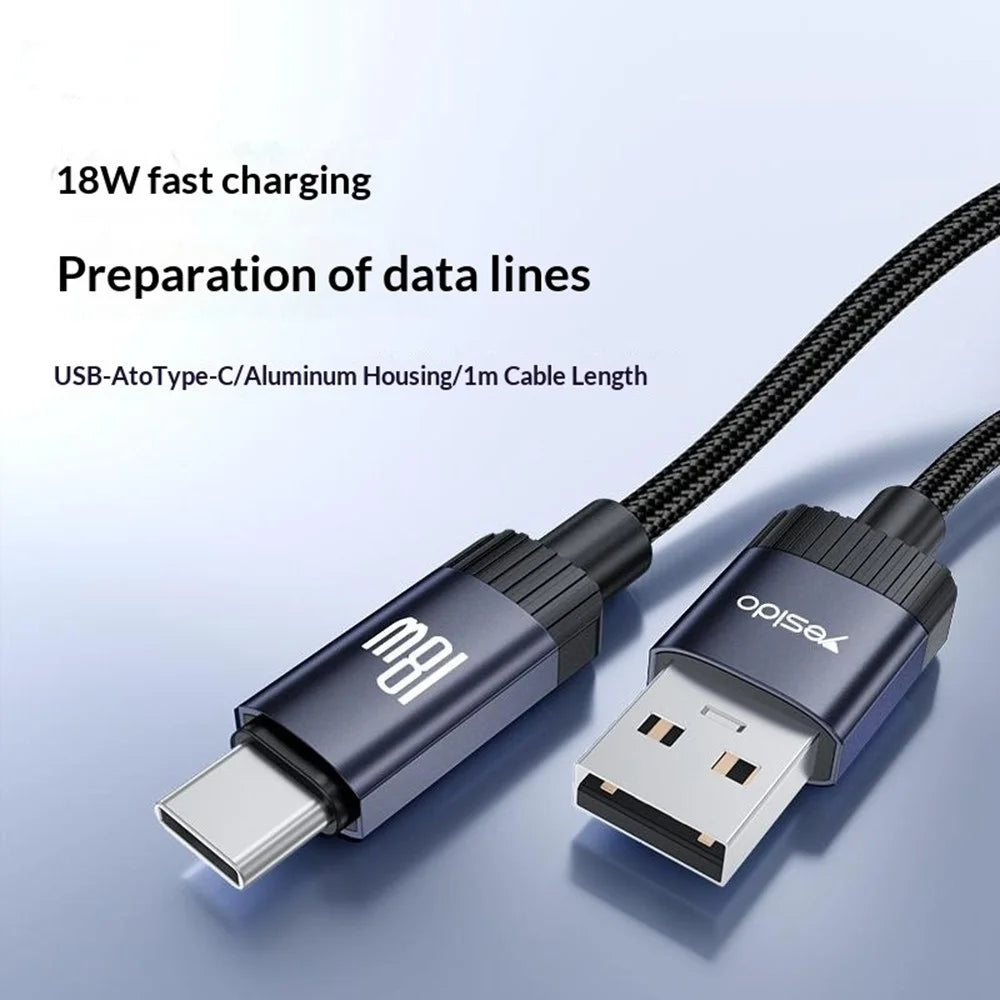 YESIDO CA204C 1m USB-A to Type-C Cable 18W Fast Charging 480Mbps Data Transfer Wire - Tarnish Grey - 6