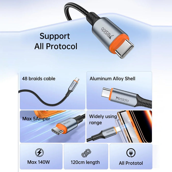 YESIDO CA212 1.2m 140W Fast Charging Braided Type-C to Type-C Cable for Phone Tablet - 2