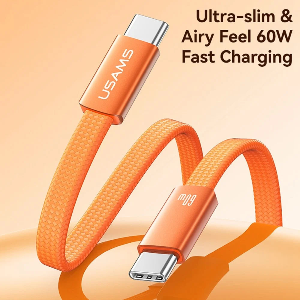 USAMS SJ783 U96 1.2m USB-C to USB-C Cable PD 60W Fast Charging Ultra Slim Braided Data Cable - Orange - 2