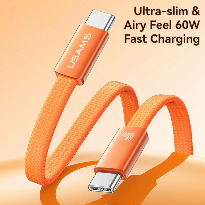 USAMS SJ783 U96 1.2m USB-C to USB-C Cable PD 60W Fast Charging Ultra Slim Braided Data Cable - Orange - 2