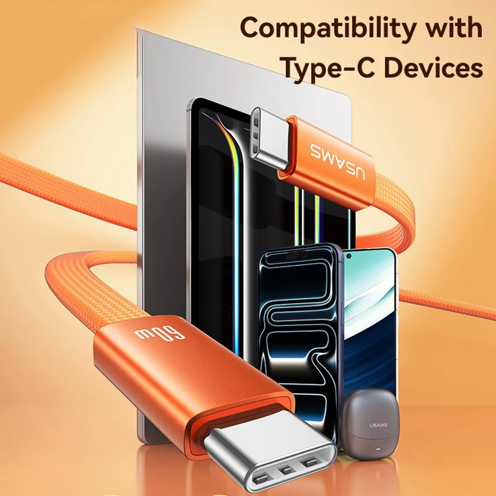 USAMS SJ783 U96 1.2m USB-C to USB-C Cable PD 60W Fast Charging Ultra Slim Braided Data Cable - Orange - 5
