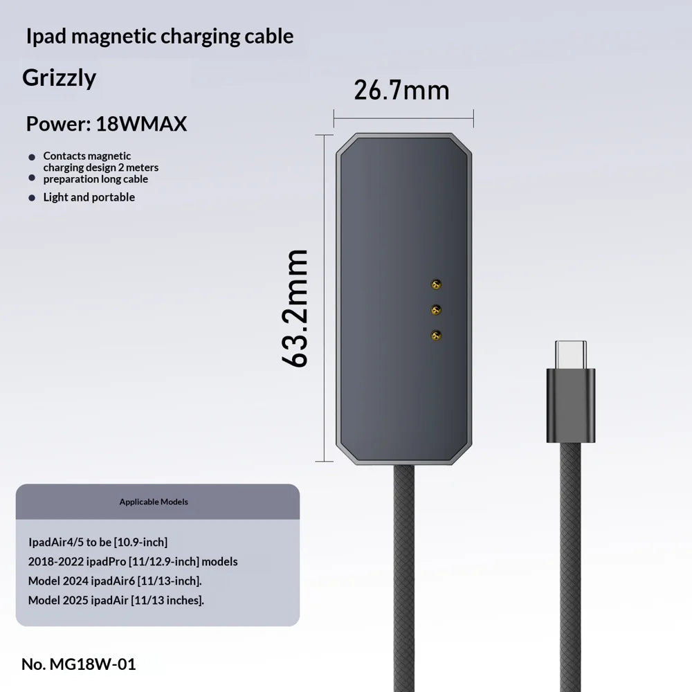 MG18W-01 18W Type-C Charging Cable for iPad Air 13 (2025)/(2024)/iPad Air 11 (2025)/(2024) Magnetic Fast Charger with 2m Cable - Grey - 5