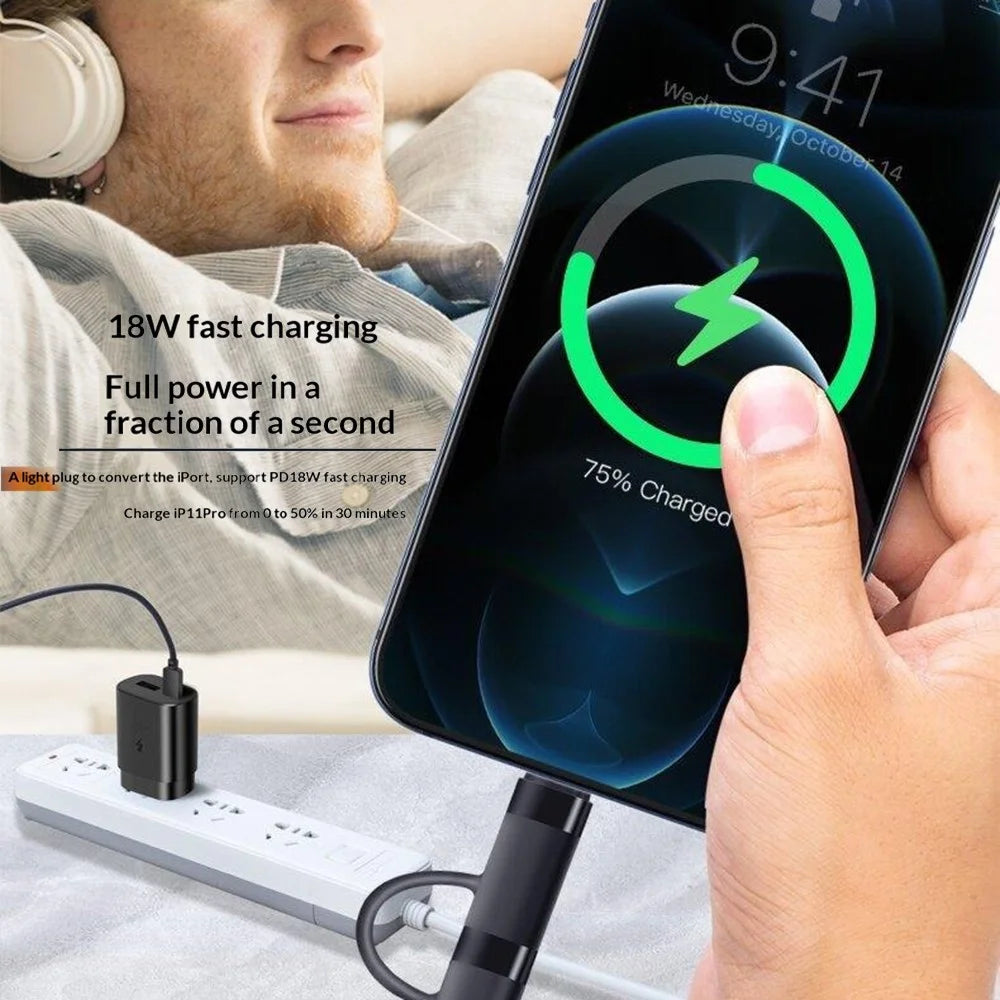 1m 2 in 1 USB-C to iP  /  USB-C PD 60W Fast Charging Wire Nylon Braided Data Cable - Black - 5