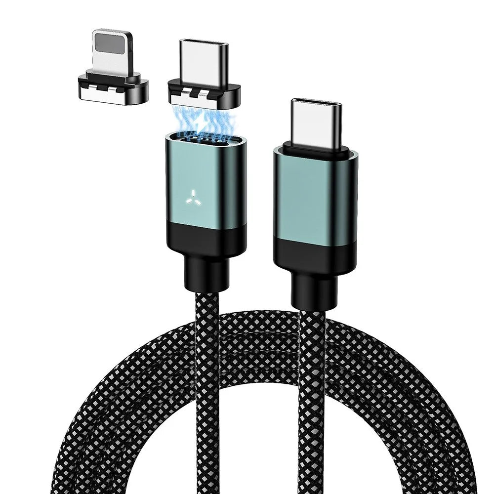 PD65W 2m Magnetic Braided Cable Type-C to Type-C+iP (5-14) 480Mbps Data Sync Charging Cable - Grey Black - 1