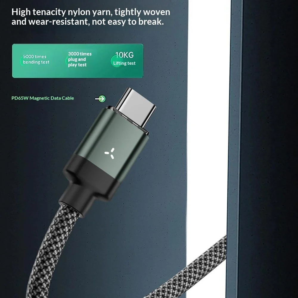 1.2m Magnetic Data Cable Type-C PD 65W Fast Charging Nylon Braided Cable for Xiaomi Huawei Apple - 3