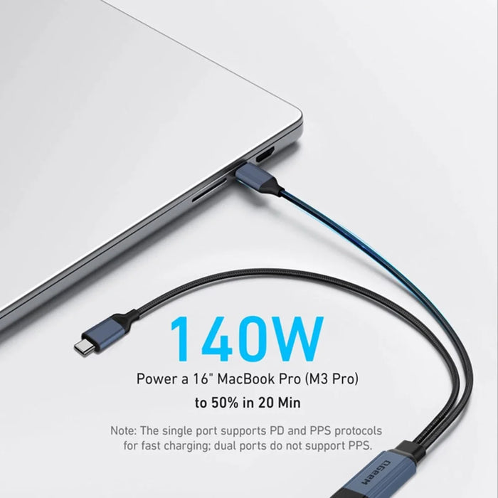 QGEEM CC0082 1.2m USB-C to Dual USB-C Cable 140W PD PPS 2-in-1 Fast Charging Braided Data Wire for Laptop Phone - 5