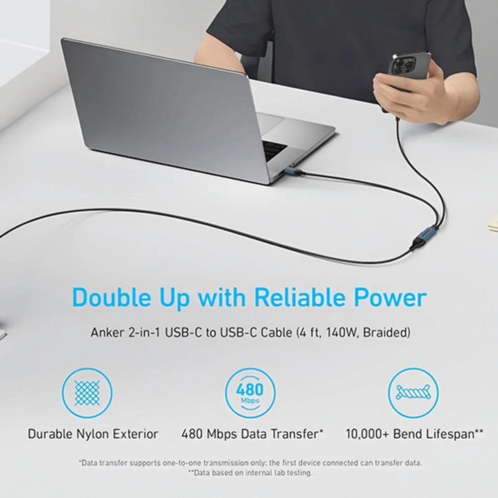 QGEEM CC0082 1.2m USB-C to Dual USB-C Cable 140W PD PPS 2-in-1 Fast Charging Braided Data Wire for Laptop Phone - 7