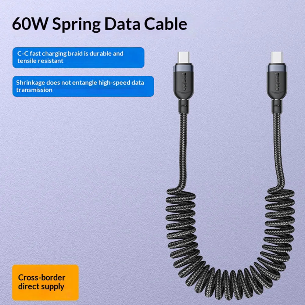YESIDO CA205 PD 60W Fast Charging Spring Cable Type-C to Type-C Data Cable for CarPlay/HiCar/CarLife - Black - 2